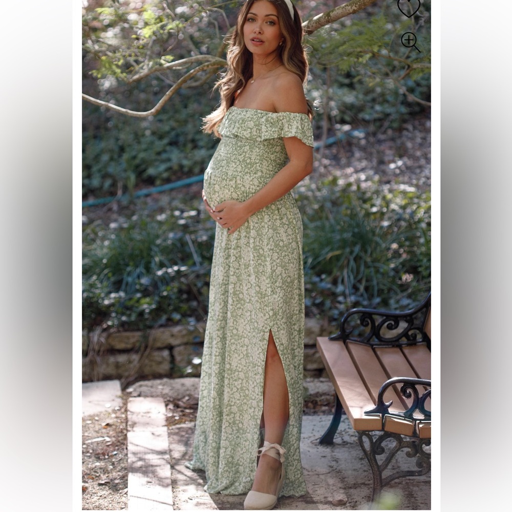 EUC Green Floral Ruffle Off Shoulder Maternity Maxi Dress